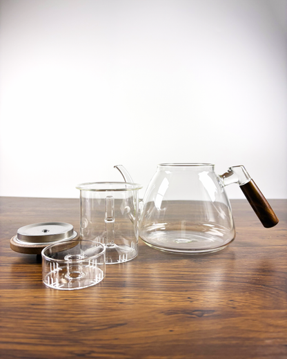 Wooden Handle Glass Teapot with Steam and Infuser Basket