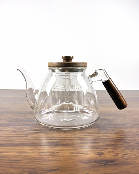 Wooden Handle Glass Teapot with Steam and Infuser Basket