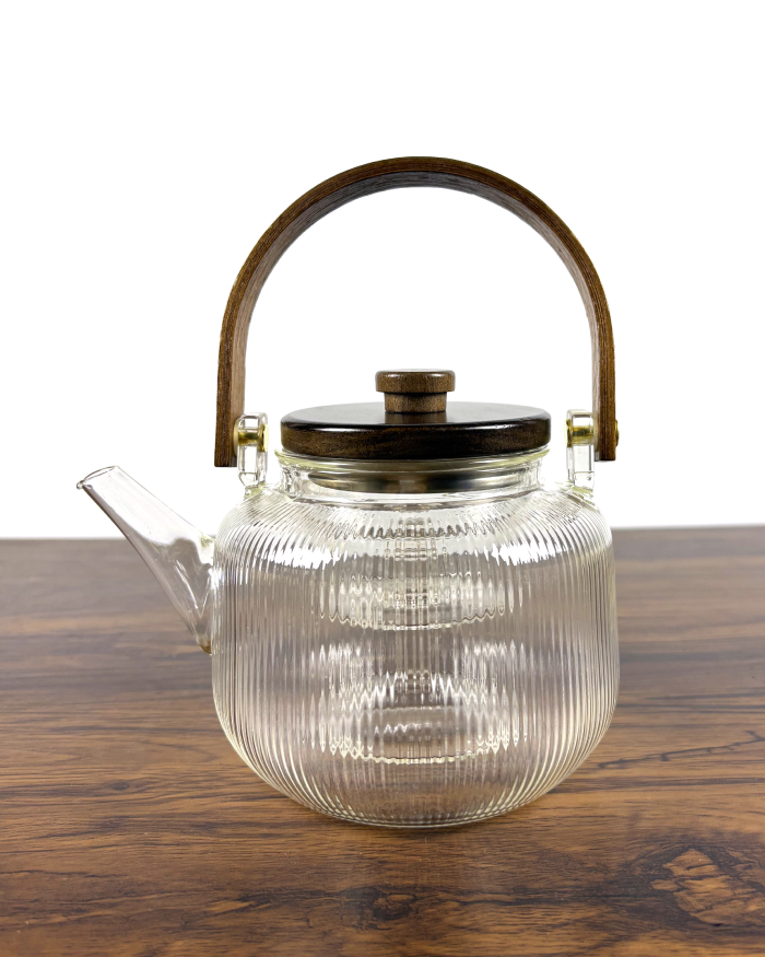 Wooden Bail Handle Glass Teapot with Steam and Infuser Basket