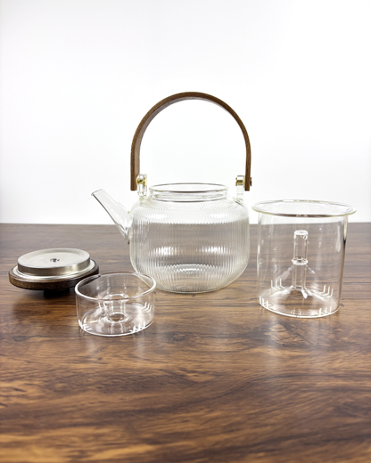 Wooden Bail Handle Glass Teapot with Steam and Infuser Basket