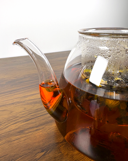 Wooden Handle Glass Teapot with Steam and Infuser Basket